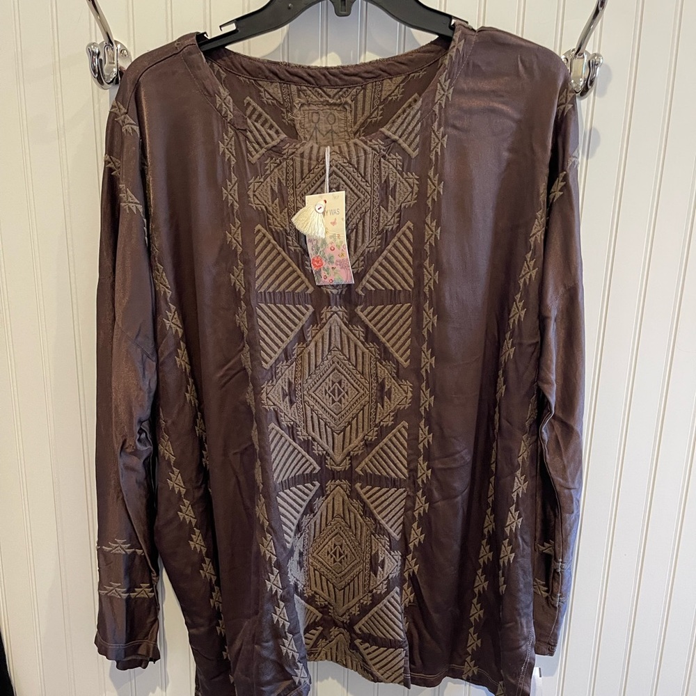 NWT Johnny Was Ravenna Satin Tonal Geometric Embroidery‎ Beautiful Brown Top!